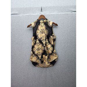 New York & Company Womens Black & Gold Paisley Sleeveless Blouse With Tie Neck S